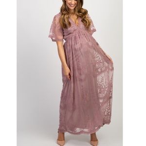 PinkBlush Mauve Lace Mesh Maternity Maxi Dress